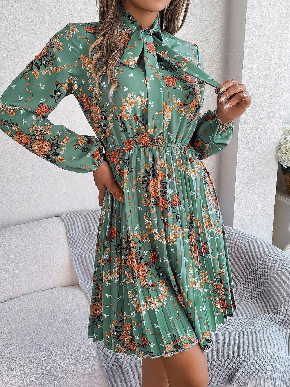 Vintage Pink Floral Pleated Dress - TEVQA