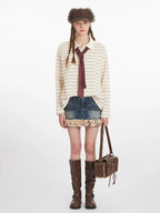 Vintage Cream Striped Rhinestone Polo Shirt - TEVQA
