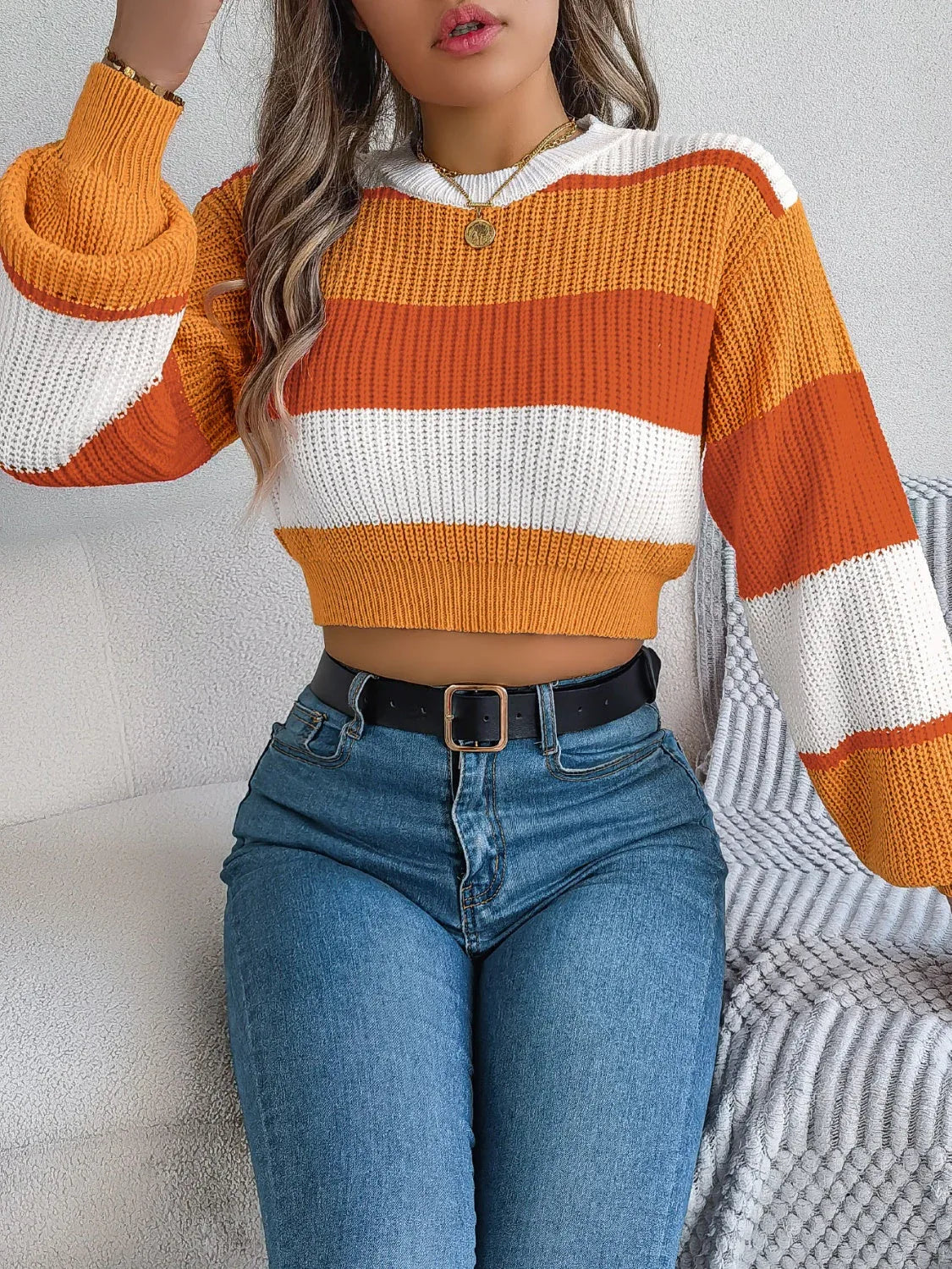 Sunset Boulevard Color Block Knit Crop Sweater - TEVQA