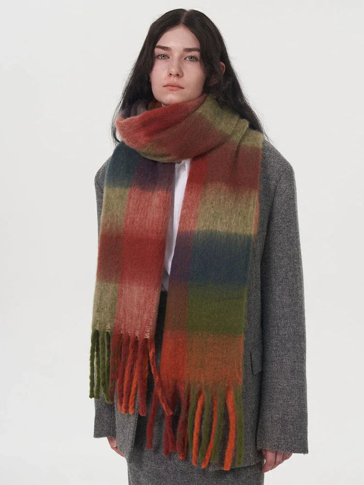 Oversized Blue & Beige Color Block Plaid Scarf - View 7 | TEVQA
