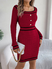 Vintage Red Square Neck Knit Dress - TEVQA