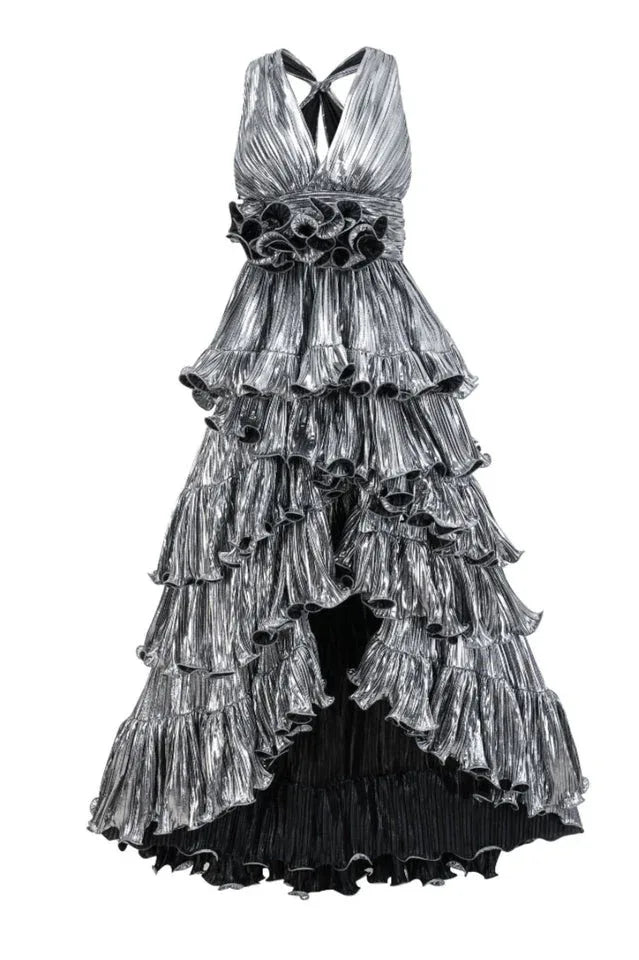 Tiered Halter Neck Metallic Gold Lamé Dress - View 14 | TEVQA