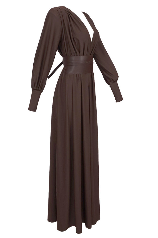Rosey Tan Maxi Dress With Waist Belt | Dress In Beauty
