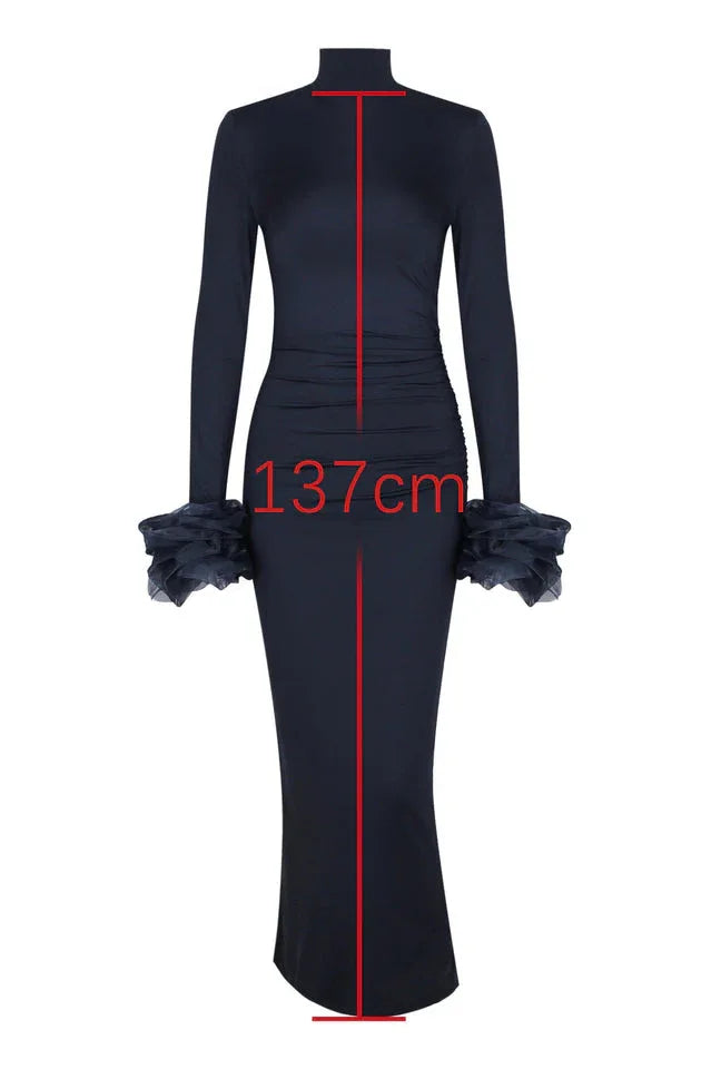 Flat lay of a navy blue long-sleeved column gown with measurement indicating a length of 137cm.