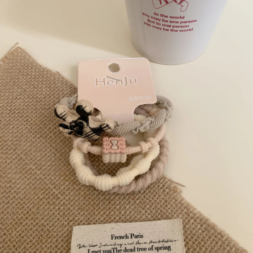 3-Pack Preppy Plaid Hair Tie Set with Bear Charm
