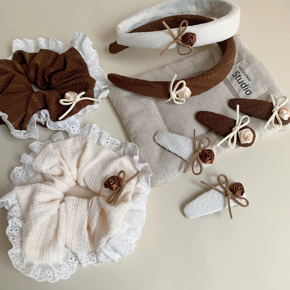 Oversized Lace Trim Coquette Scrunchie with Rosebud