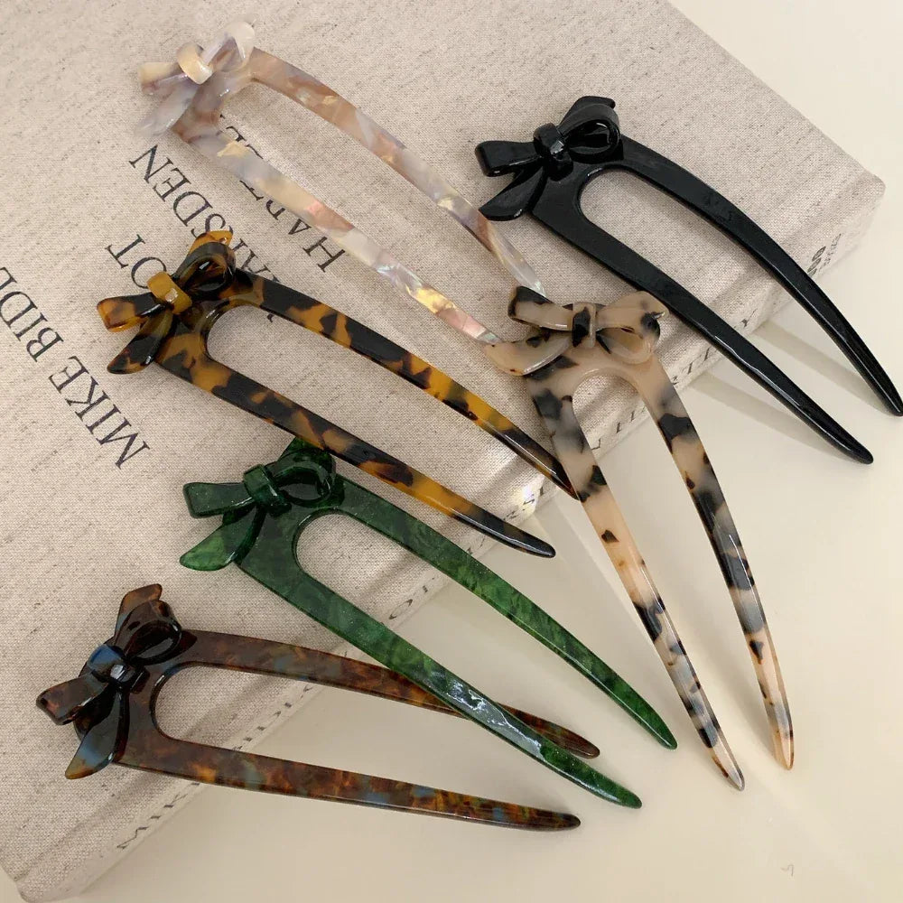 French Acetate Bow U-Shape Hair Pin (5.5 Inch) - TEVQA
