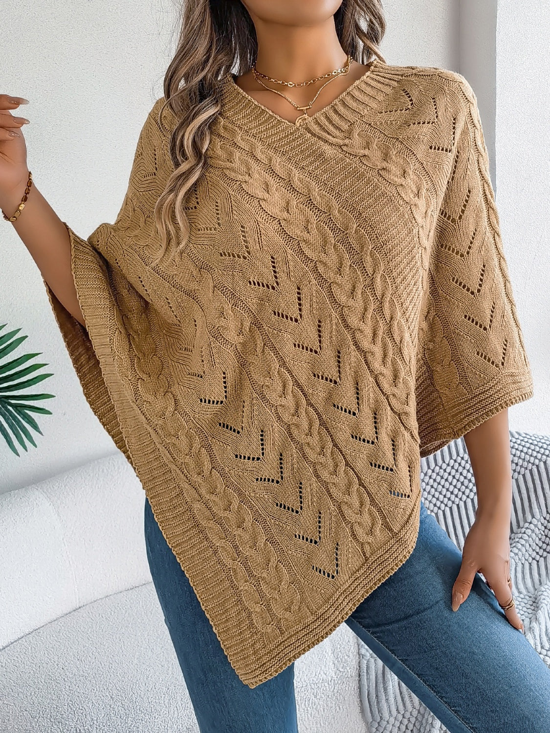Cable-Knit Openwork Three-Quarter Sleeve Sweater Camel OutfitFlow