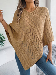 Cable-Knit Openwork Three-Quarter Sleeve Sweater Camel OutfitFlow