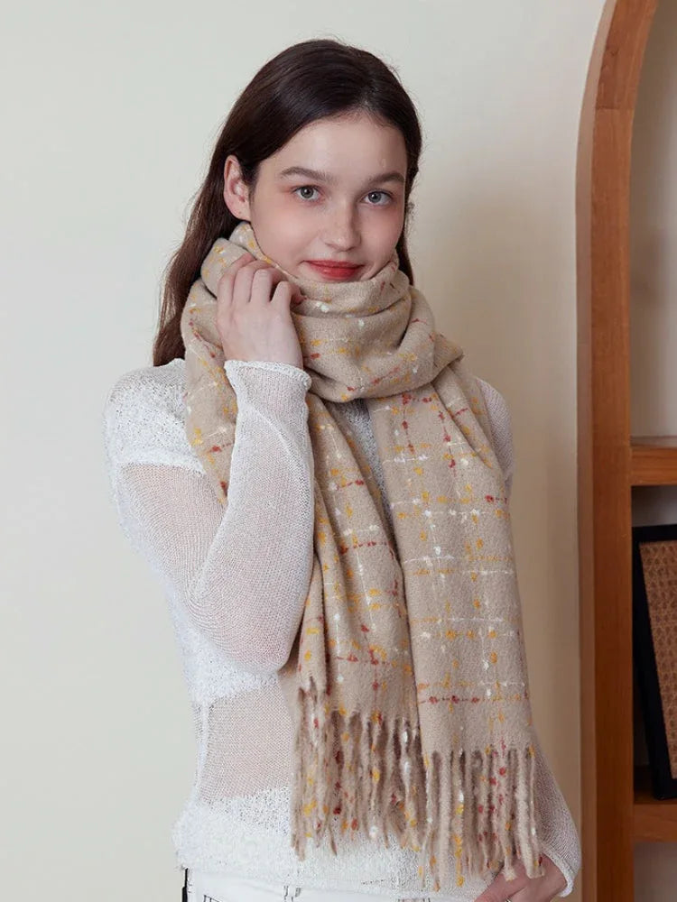 Confetti knit scarf with textured grid pattern and fringed hem - View 6 | TEVQA