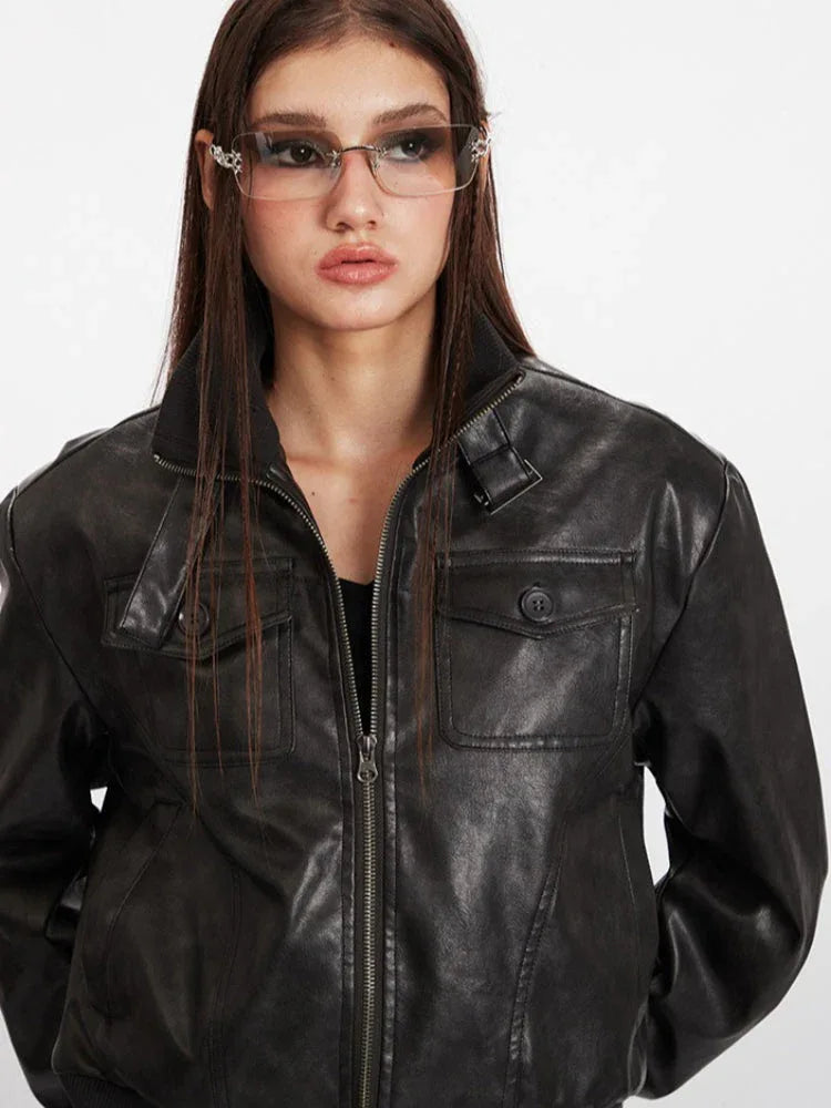 Vintage Wash Faux Leather Bomber Jacket - TEVQA