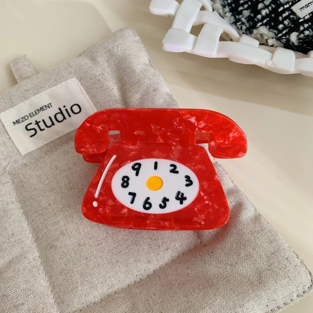 Novelty acetate hair claw clip with retro clock or phone design - View 10 | TEVQA