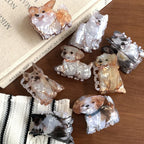 Assortment of dog hair clips arranged on a book and fabric