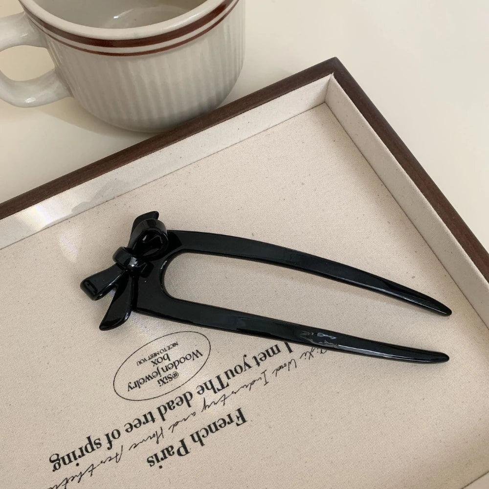 French Acetate U-Shape Hair Fork with Bow - View 6 | TEVQA