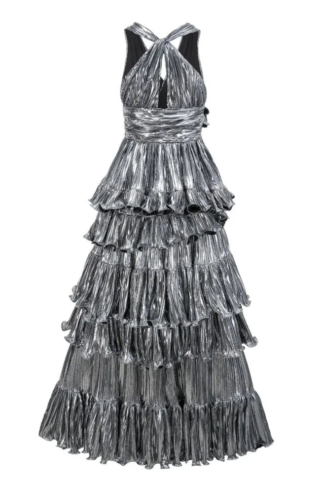 Tiered Halter Neck Metallic Gold Lamé Dress - View 15 | TEVQA