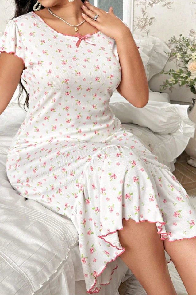 Plus Size White Floral Nightgown with Pink Bow & Ruffle Hem, Short Sleeve Midi Sleep Dress - Sweet Loungewear