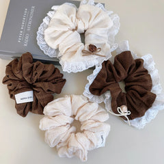 Oversized Lace Trim Coquette Scrunchie with Rosebud