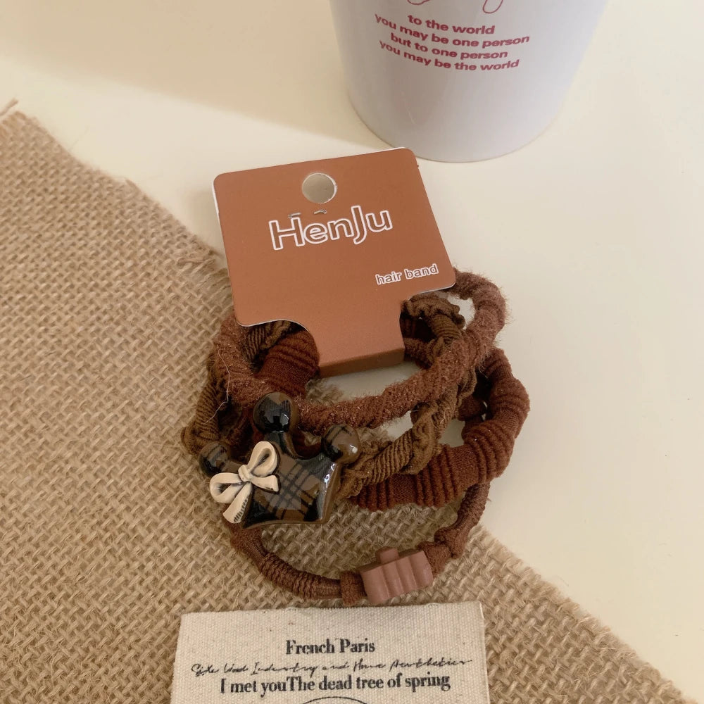 3-Pack Preppy Plaid Hair Tie Set with Bear Charm