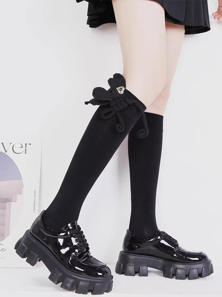 3D Rope Bow Black Socks Heart Charm Dark Academia