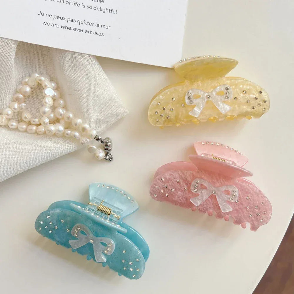 Shimmering Aurora Bow Hair Claw Clip - 3 Inch Rhinestone Coquette Accessory - TEVQA