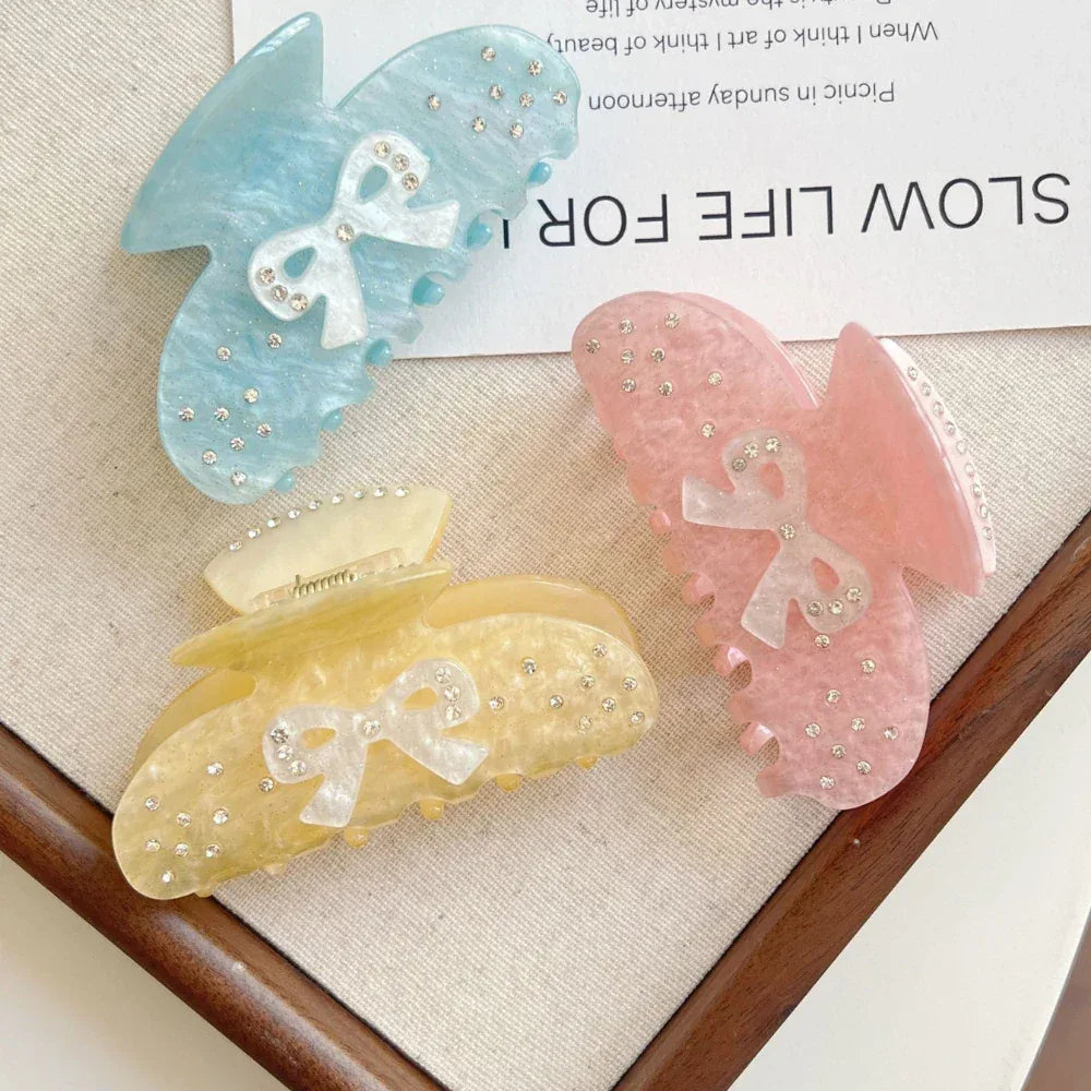 Shimmering Aurora Bow Hair Claw Clip - 3 Inch Rhinestone Coquette Accessory - TEVQA