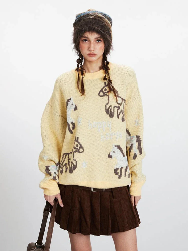 Vintage Yellow "Happy Horse" Knit Sweater - TEVQA