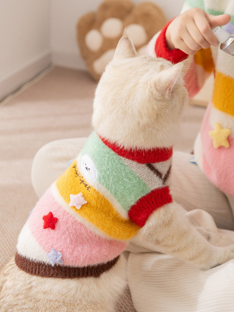 A person holds a cream-colored cat wearing a colorful striped sweater, showing the embroidered and appliqued details.