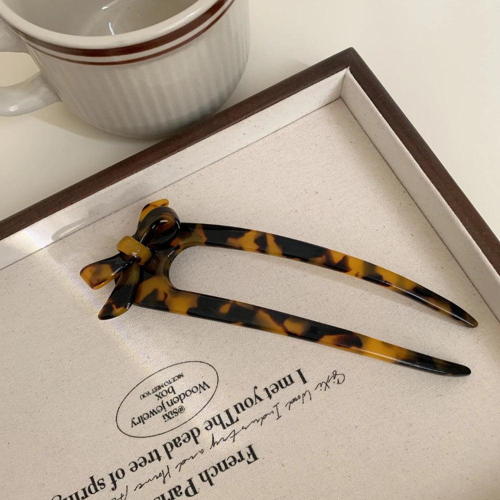 French Acetate Bow U-Shape Hair Pin (5.5 Inch) - TEVQA