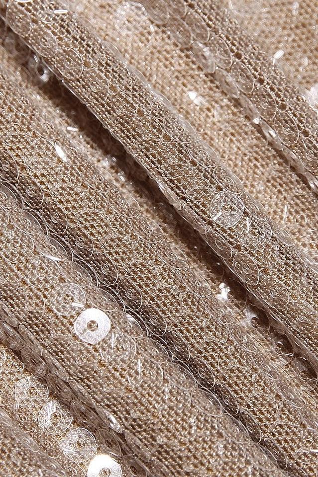 Beige sequin one shoulder mini dress with puff sleeve - View 7 | TEVQA