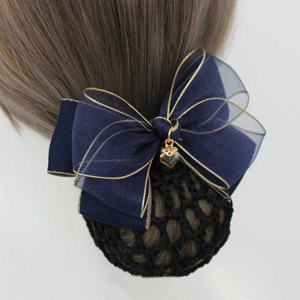 Elegant Bow Hair Snood Clip with Crystal Charm (3.9 Inch)