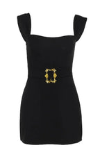 Metallic buckle belted mini dress with square neckline - View 7 | TEVQA
