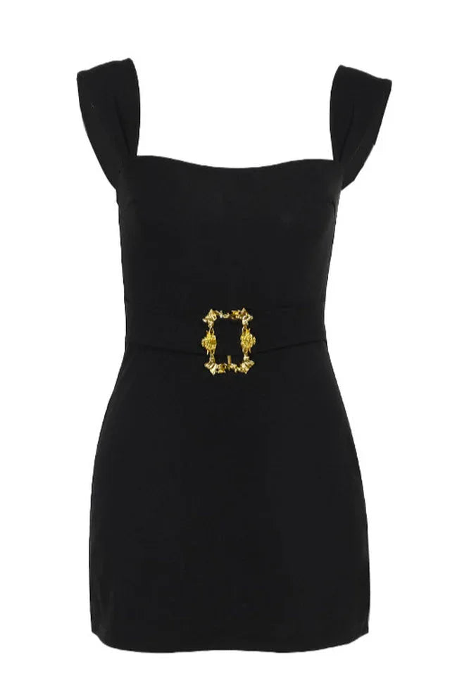 Metallic buckle belted mini dress with square neckline - View 7 | TEVQA