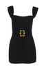 Metallic buckle belted mini dress with square neckline - View 7 | TEVQA