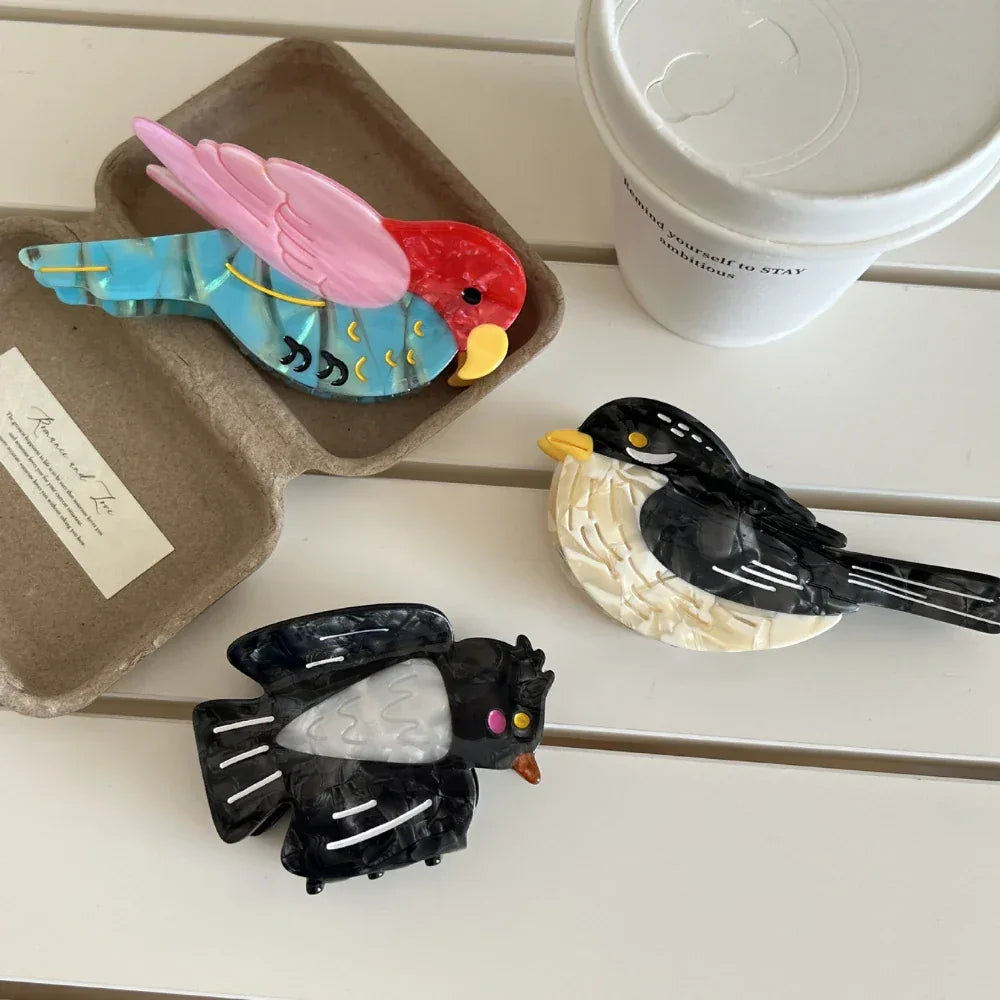 Artistic Bird Acetate Hair Claw Clip - 4.5 Inch Tropical Parrot & Magpie Styles - TEVQA