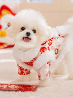 Red floral brocade pet tang suit coat with white faux fur collar and trim - View 6 | TEVQA
