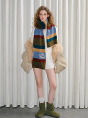 Retro Striped Knit Scarf Planet Motif Multi