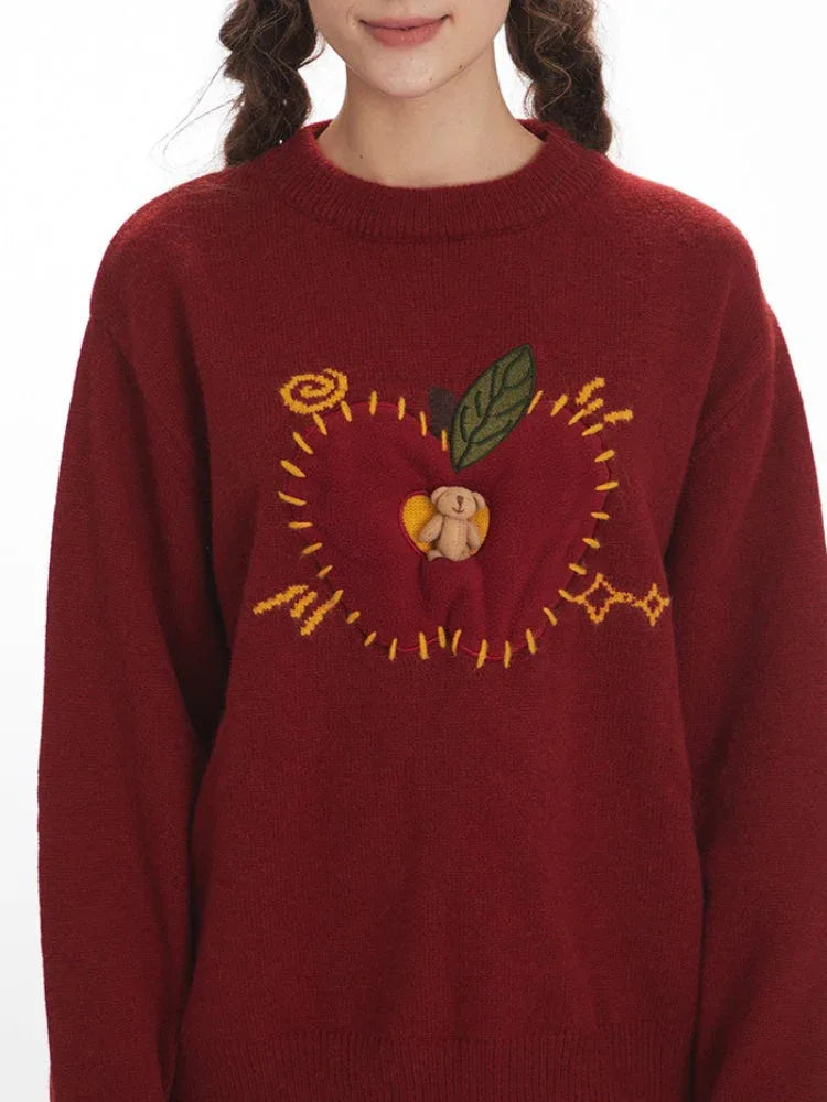 Whimsical Apple & Teddy Bear Pocket Knit Sweater - TEVQA