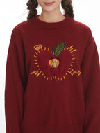 Whimsical Apple & Teddy Bear Pocket Knit Sweater - TEVQA