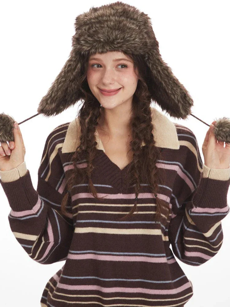 90s Retro Mocha & Berry Striped Polo Sweater - TEVQA