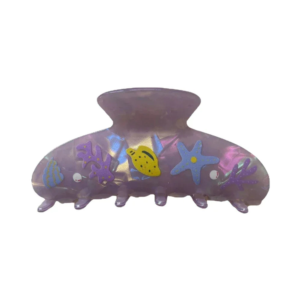 Purple iridescent claw clip with yellow fish, purple starfish, and blue accents Main image