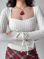 White Textured Square Neck Long Sleeve Flare Top