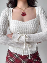 White Textured Square Neck Long Sleeve Flare Top