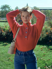 Vibrant Button-Front Mock Neck Ribbed Sweater - TEVQA