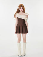 Ruffled One-Shoulder Swimsuit Brown