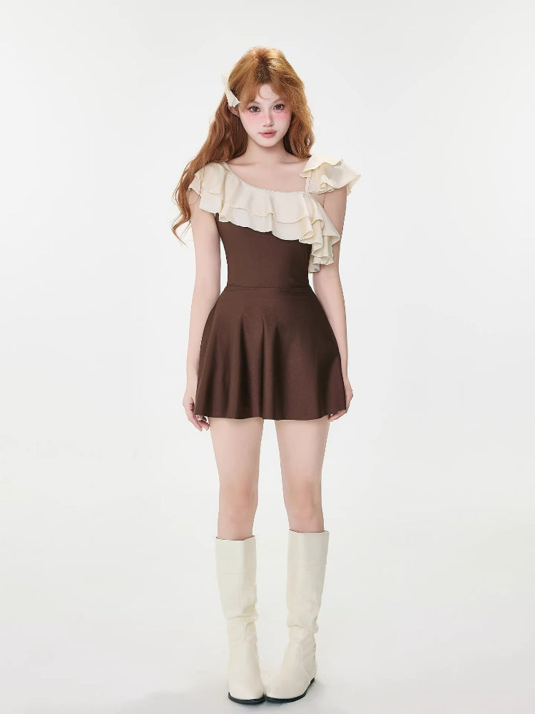 Ruffled One-Shoulder Swimsuit Brown