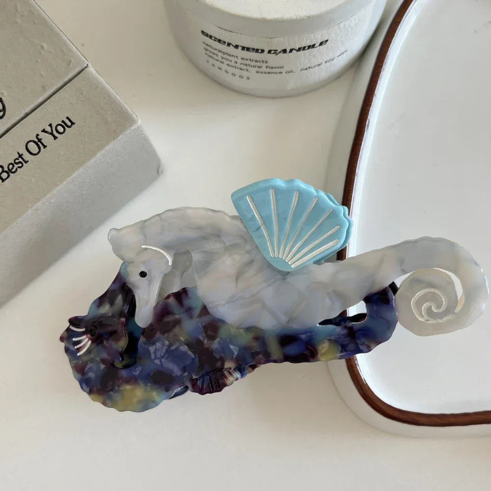 Large acetate hair claw clip with ocean art design - View 8 | TEVQA