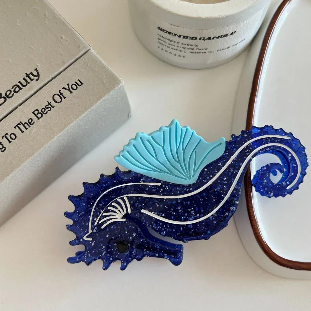 Large acetate hair claw clip with ocean art design - View 6 | TEVQA