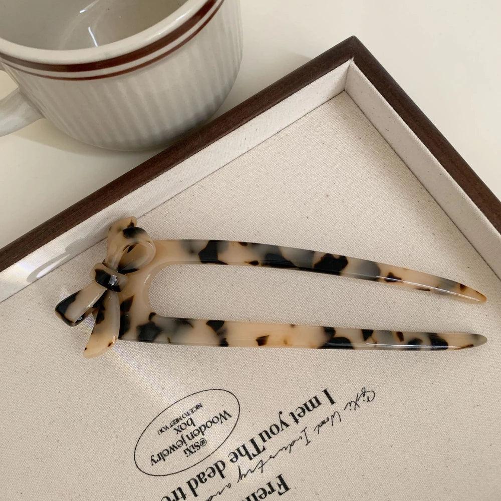 French Acetate U-Shape Hair Fork with Bow - View 10 | TEVQA