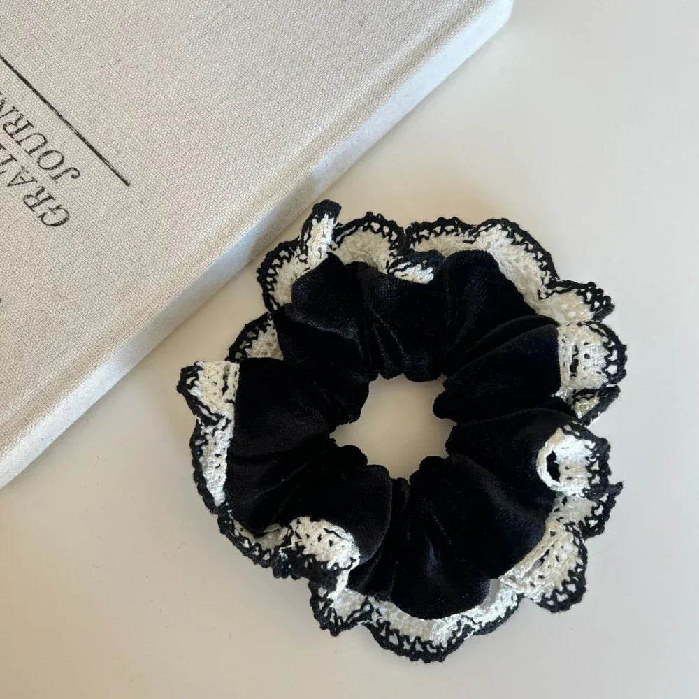 Oversized velour scrunchie with crochet lace trim - View 6 | TEVQA