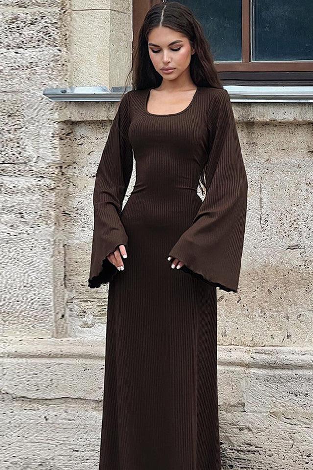 Long sleeve maxi dress with bell sleeves and lace-up back - View 14 | TEVQA